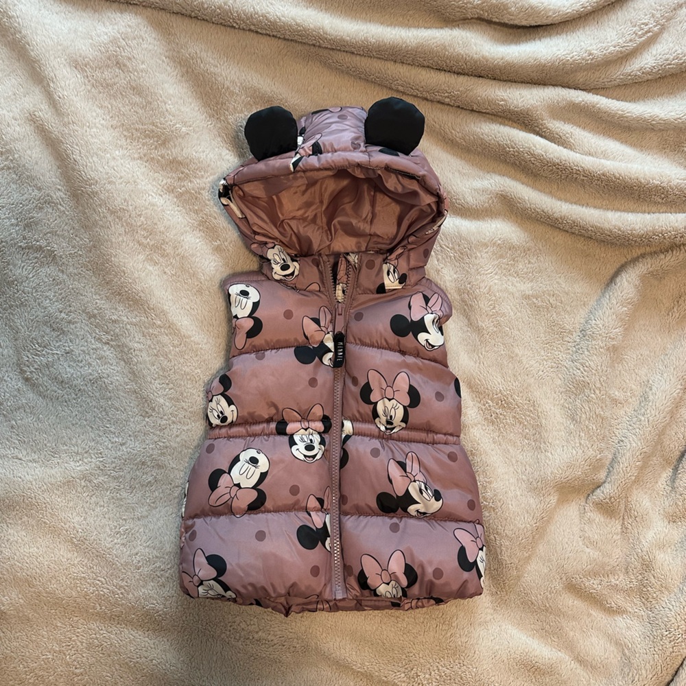 Minnie Mouse printed mauve colored puffer vest with hood and ears